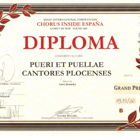 Dyplom Chóru Pueri et Puellae Cantores Plocenses