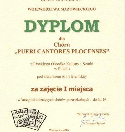 Dyplom Chóru Pueri et Puellae Cantores Plocenses