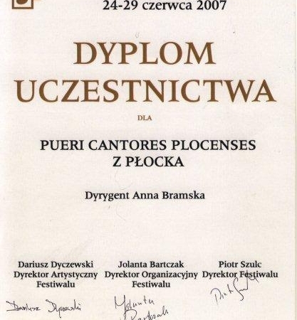 Dyplom Chóru Pueri et Puellae Cantores Plocenses