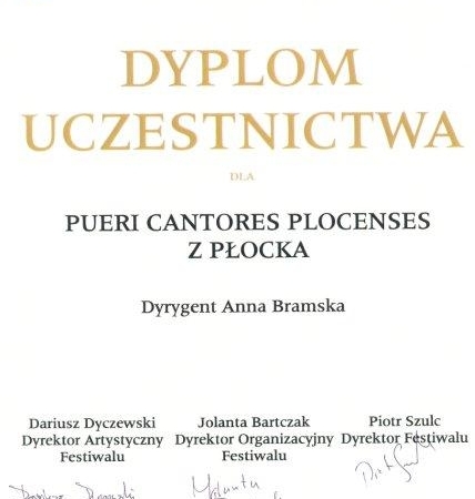 Dyplom Chóru Pueri et Puellae Cantores Plocenses