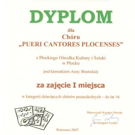 Dyplom Chóru Pueri et Puellae Cantores Plocenses